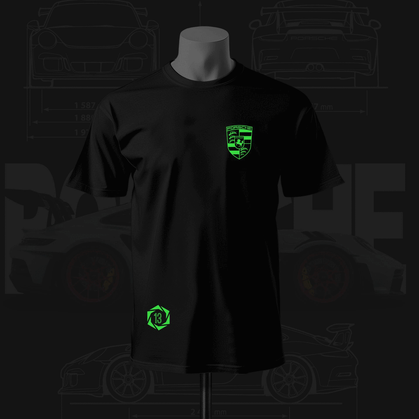 Porsche Inspired Art with Night Glow Black T-shirt