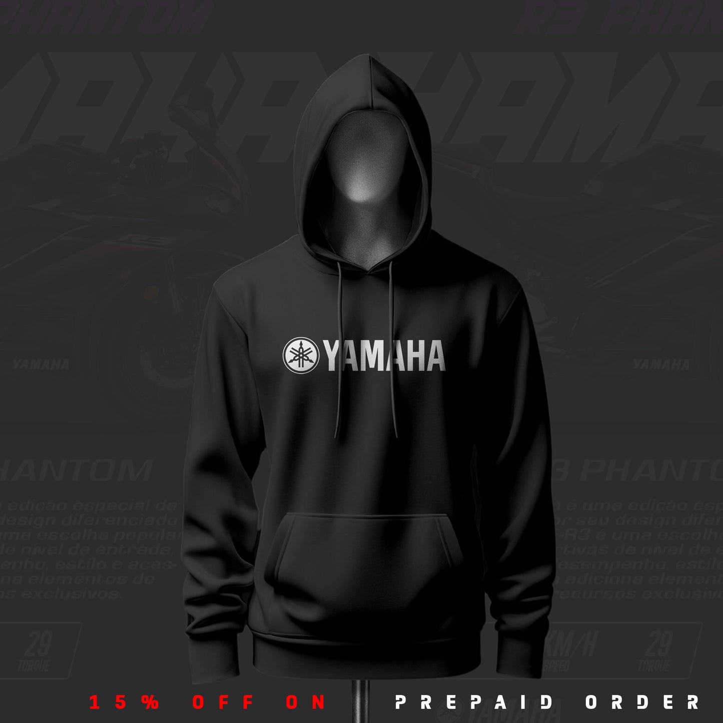 Yamaha R3 Phantom ART Inspired Black Drop Shoulder Hoodie