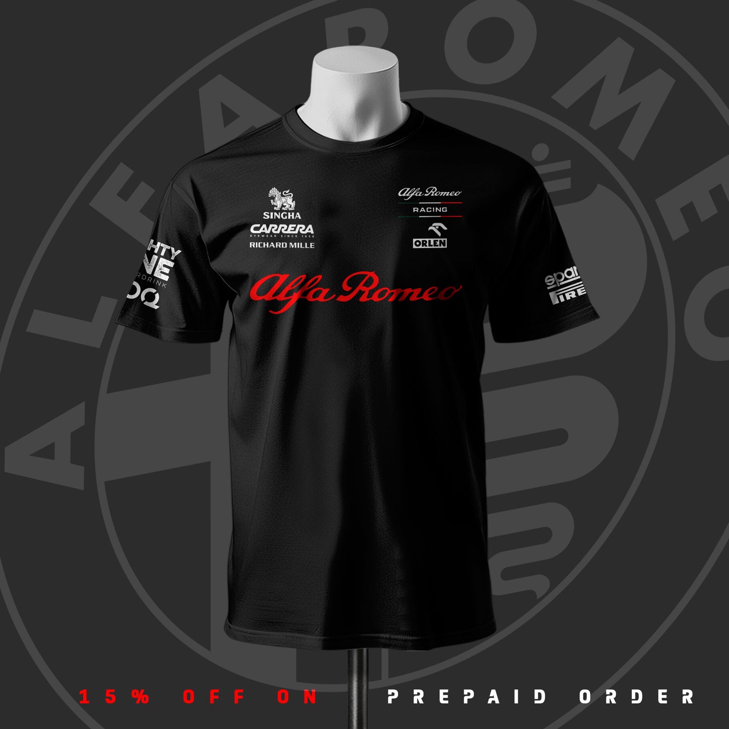 Kimi Räikkönen Alfa Romeo F1 Racing Team Inspired Black Cotton T-shirt