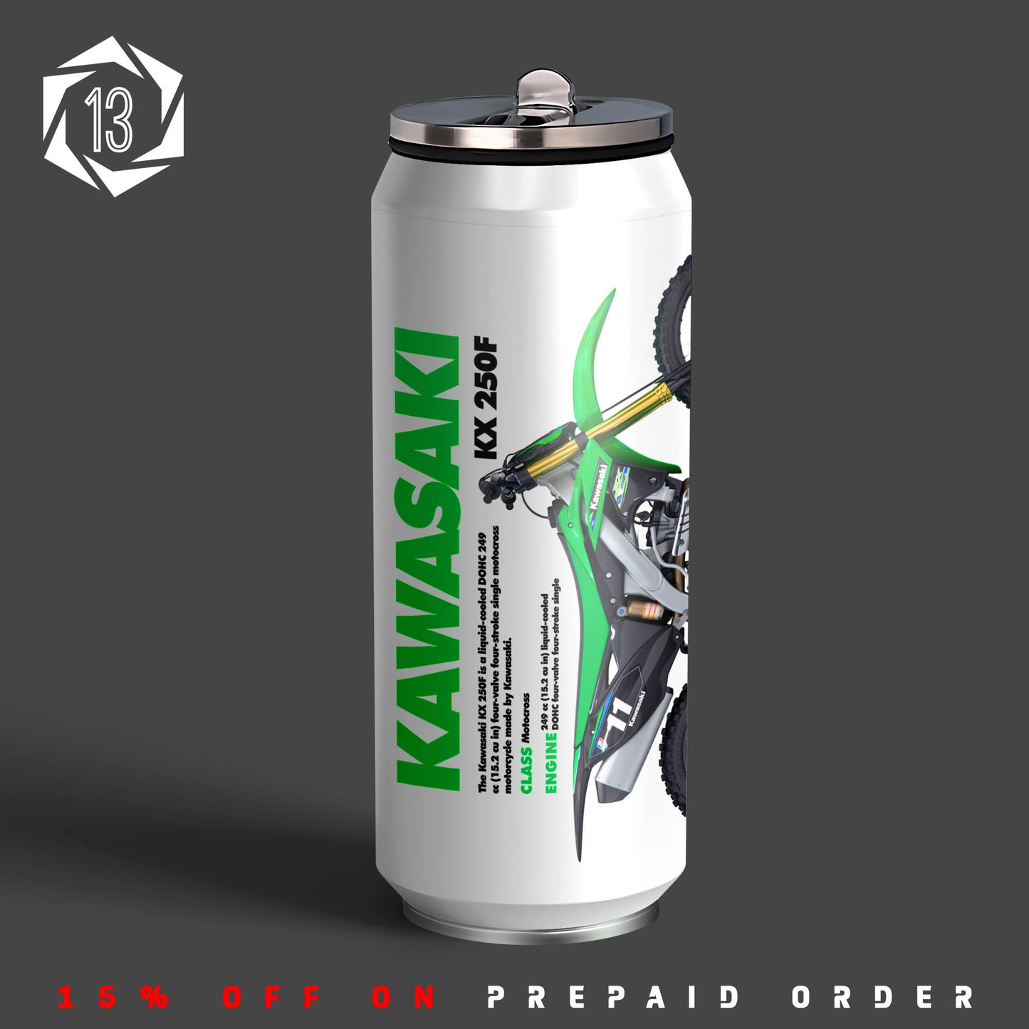 Kawasaki KX 250F dirt bike Inspired Art Sipper Can