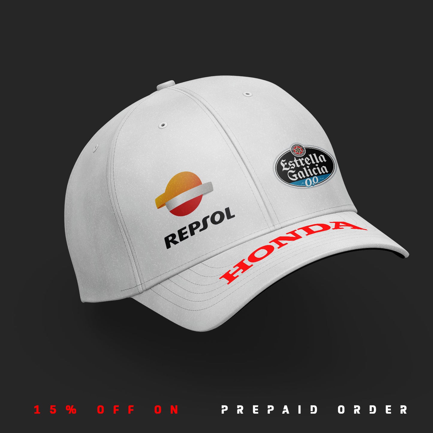 HRC racing inspired 6 Panel White Cap