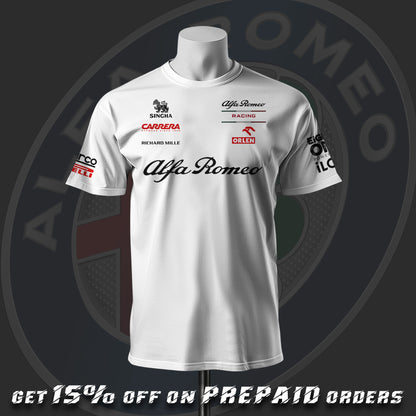 Kimi Räikkönen Alfa Romeo F1 Racing Team Inspired White Cotton T-shirt