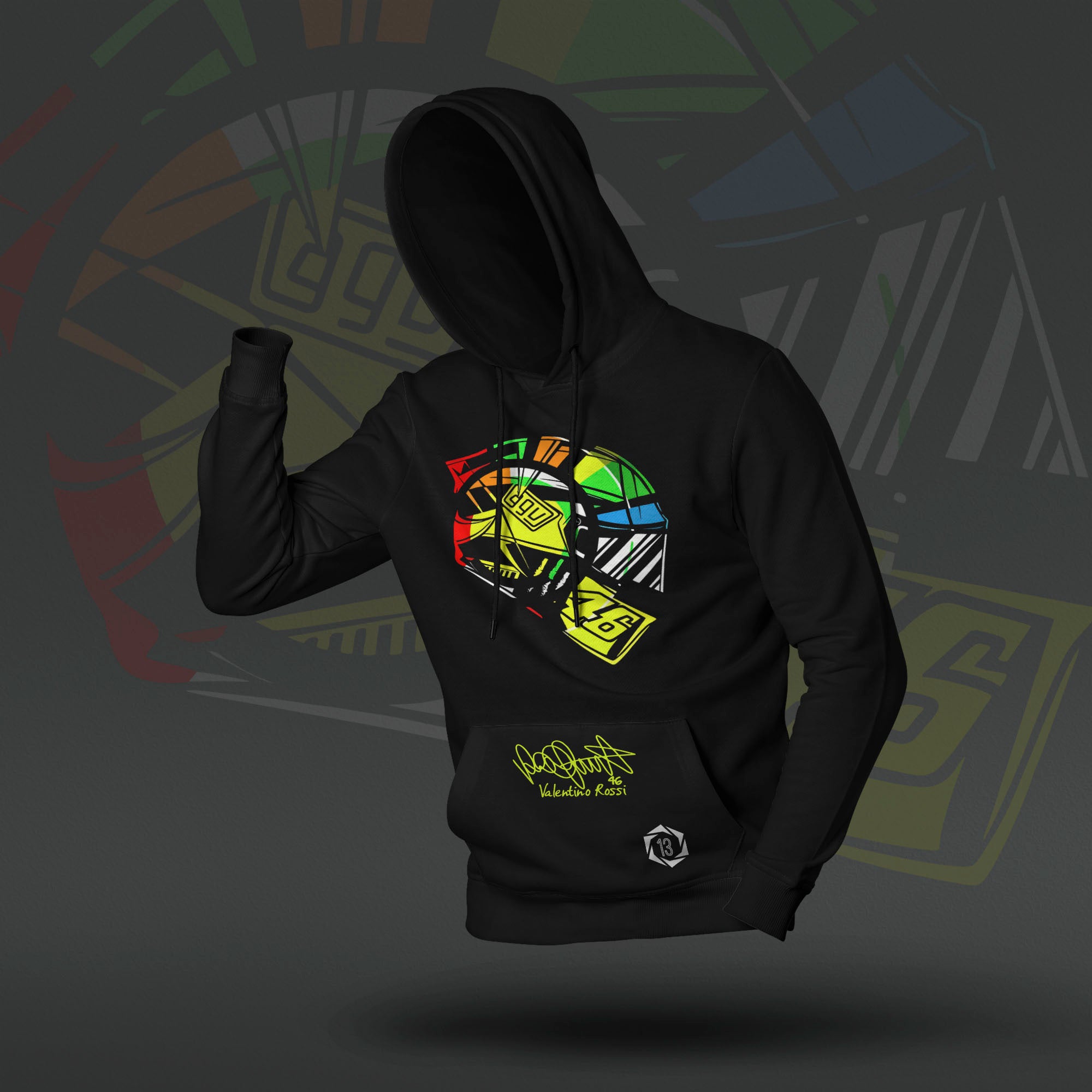 Valentino Rossi Helmet Art Inspired Black Drop Shoulder Hoodie