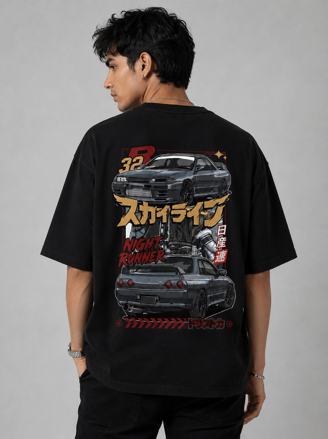 R 32 Night Runner Art Oversize Black Cotton T-shirt