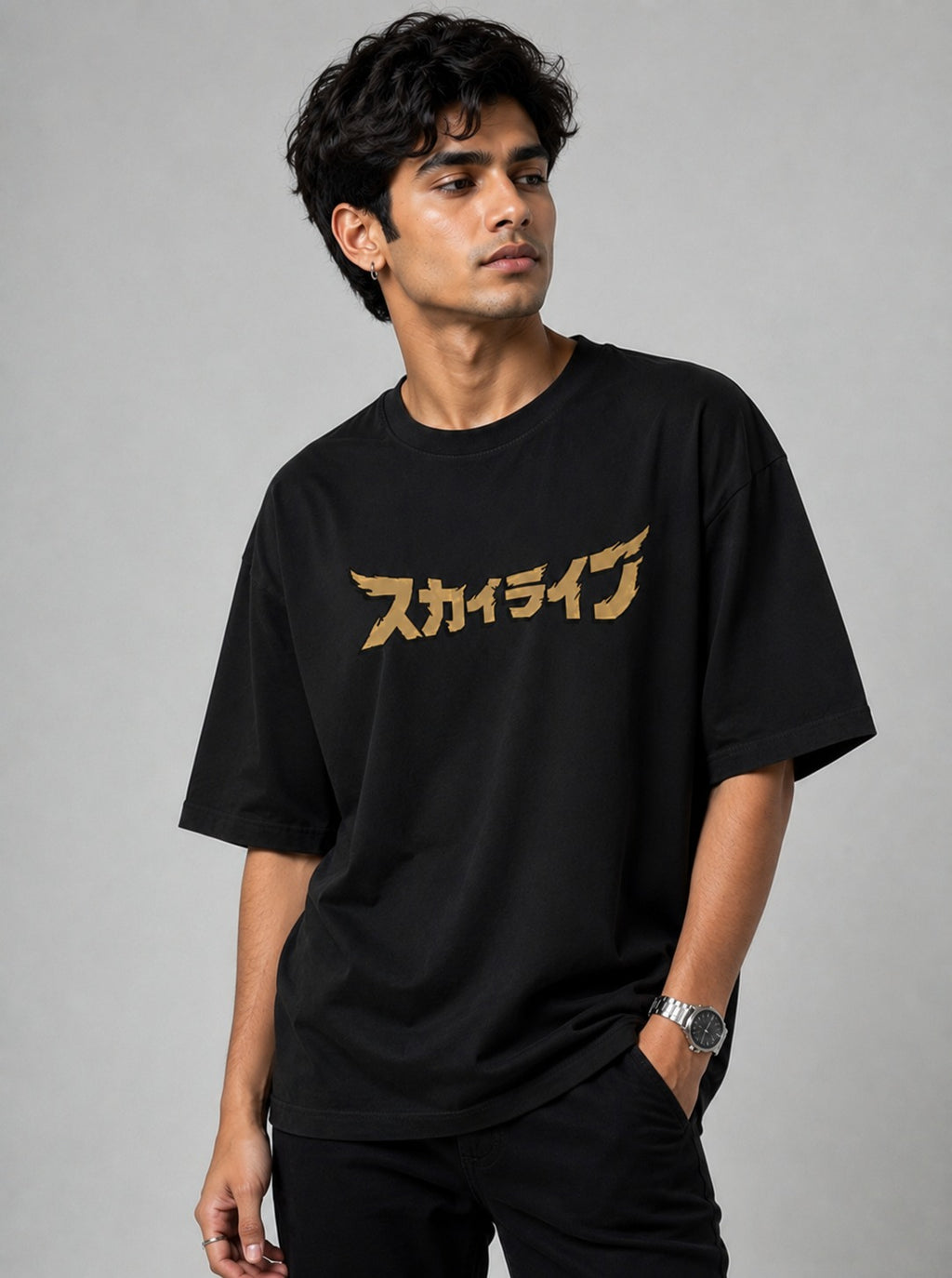 R 32 Night Runner Art Oversize Black Cotton T-shirt