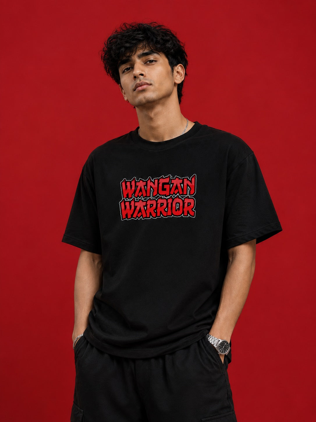 Wangan Warrior Street Art Oversize Black Cotton T-shirt