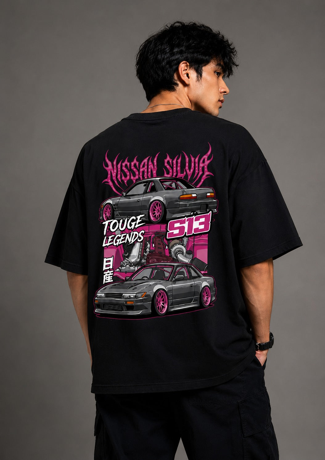 Touge Legends S13 Street Art Oversize Black Cotton T-shirt