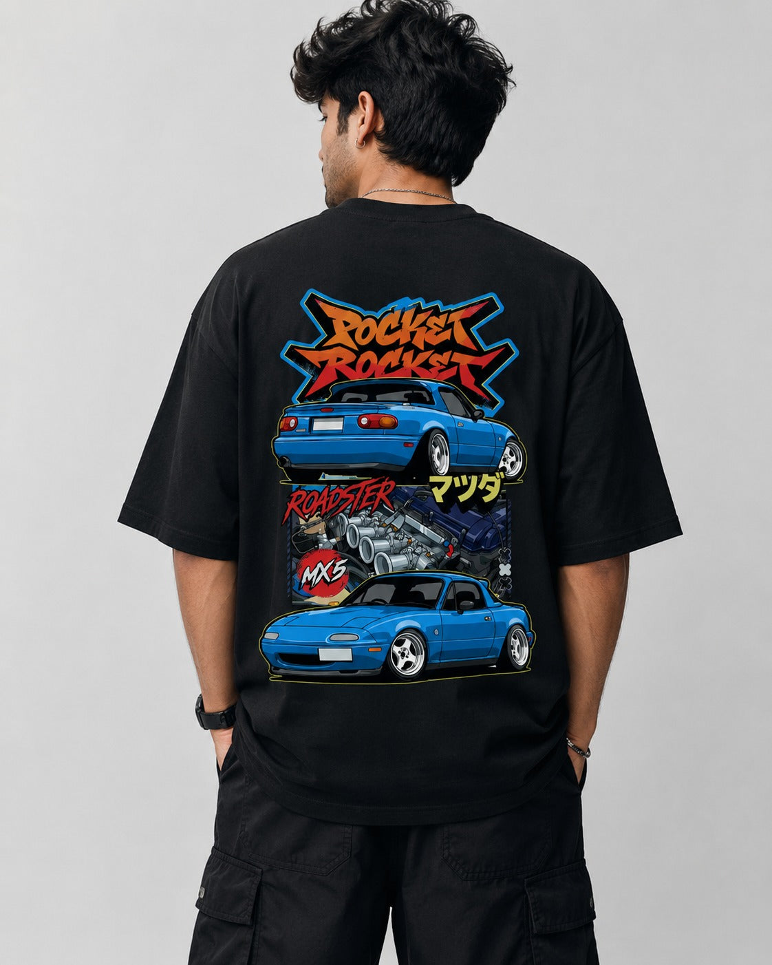 Roadster MX5 Street Art Oversize Black Cotton T-shirt