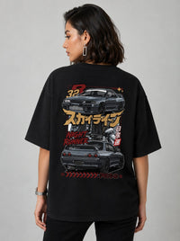 R32 Night Runner Street Art Oversize Black Cotton T-shirt