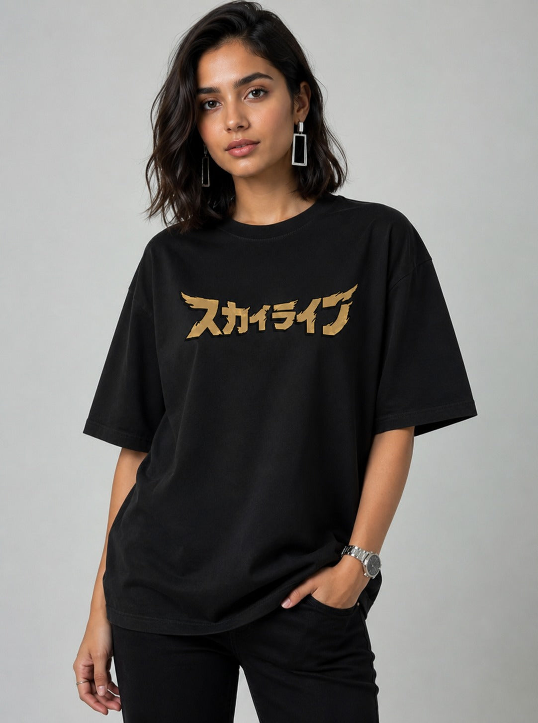 R32 Night Runner Street Art Oversize Black Cotton T-shirt