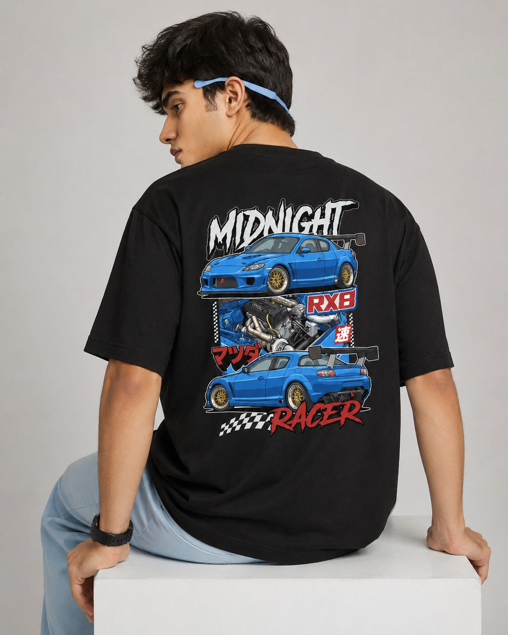Midnight Racer RX8 Street Art Oversize Black Cotton T-shirt