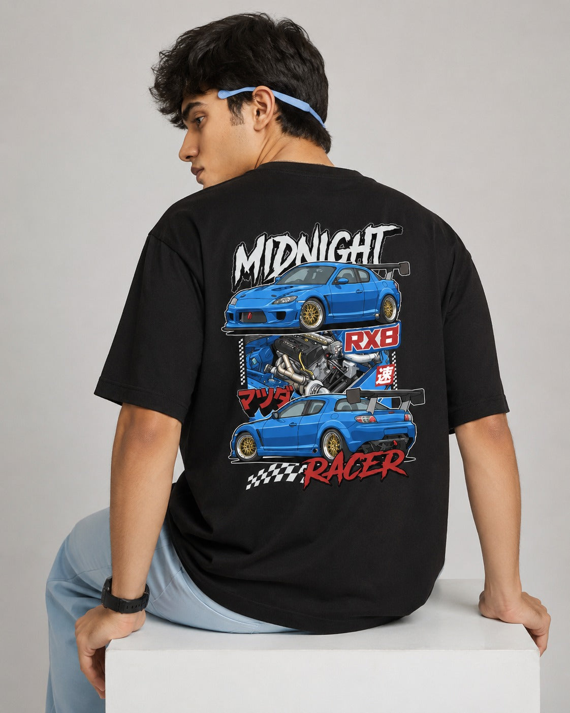 Midnight Racer RX8 Street Art Oversize Black Cotton T-shirt