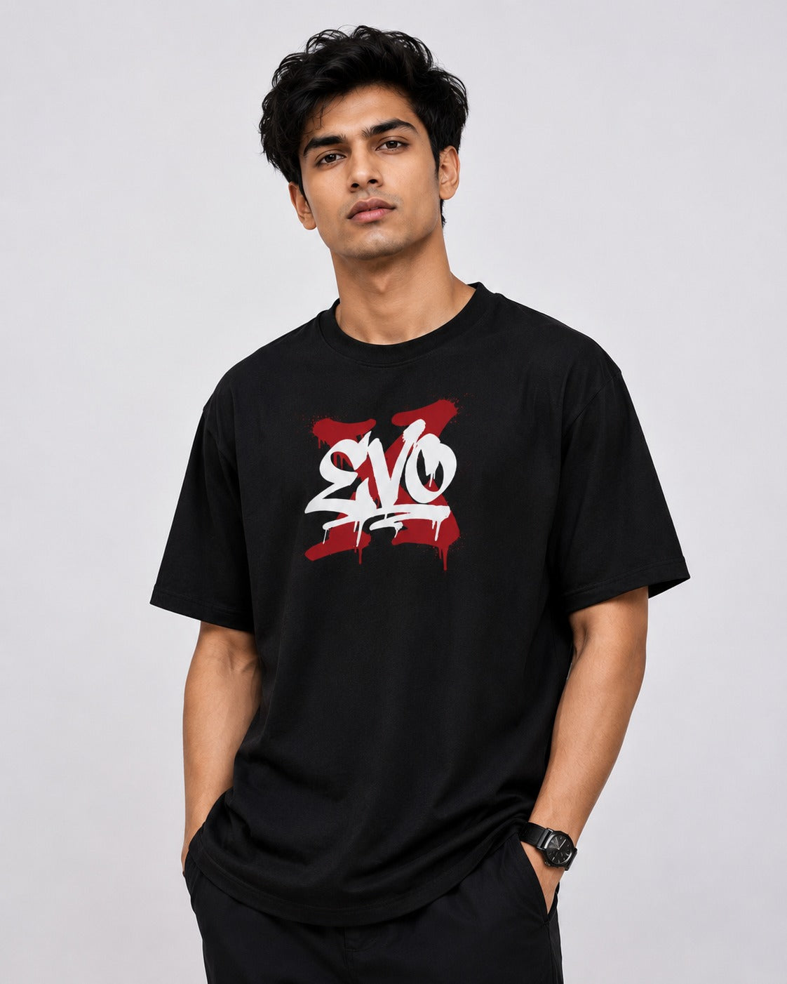 X Evolution 4B11 Art Oversize Black Cotton T-shirt