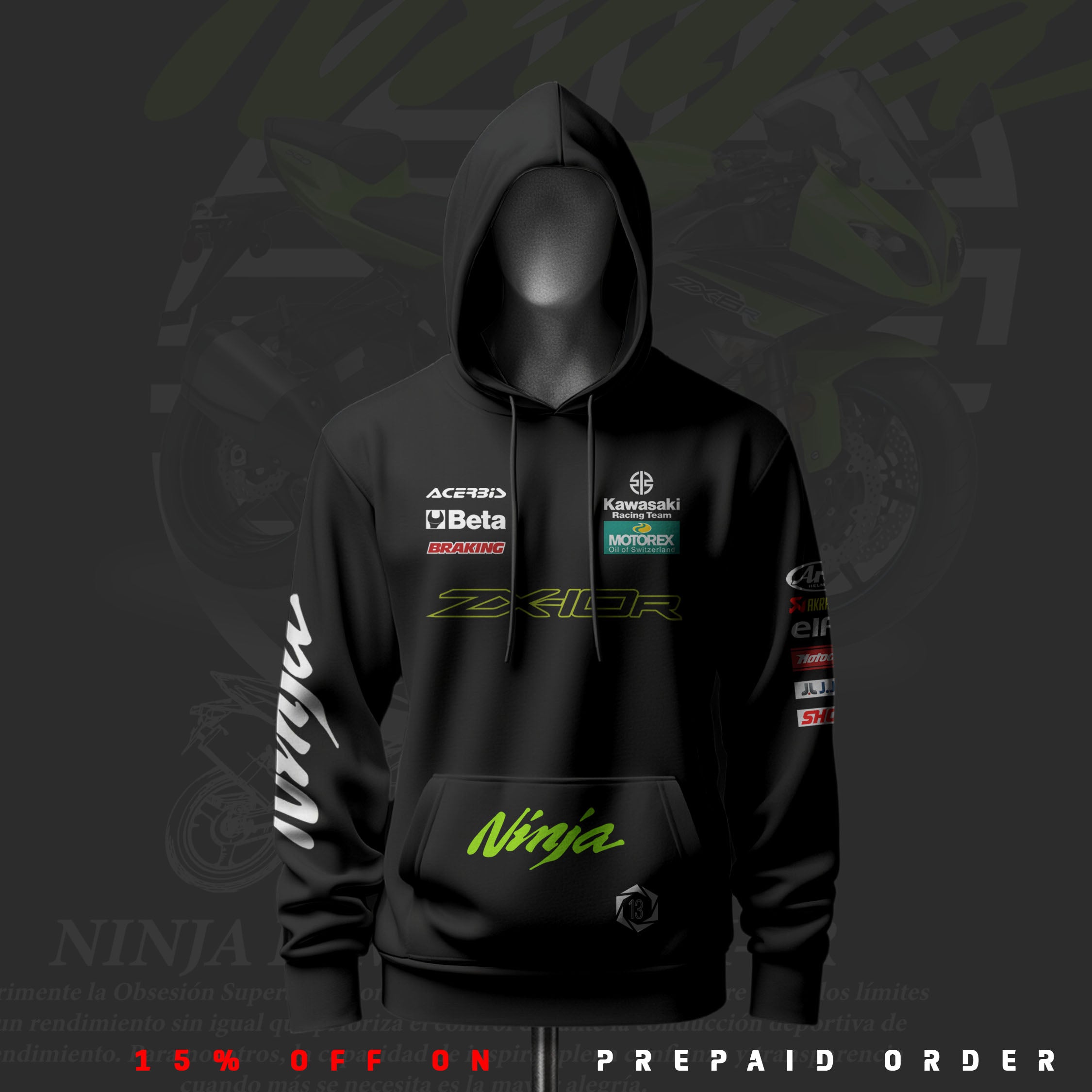 KRT Ninja ZX-10R Inspired Black Drop Shoulder Hoodie