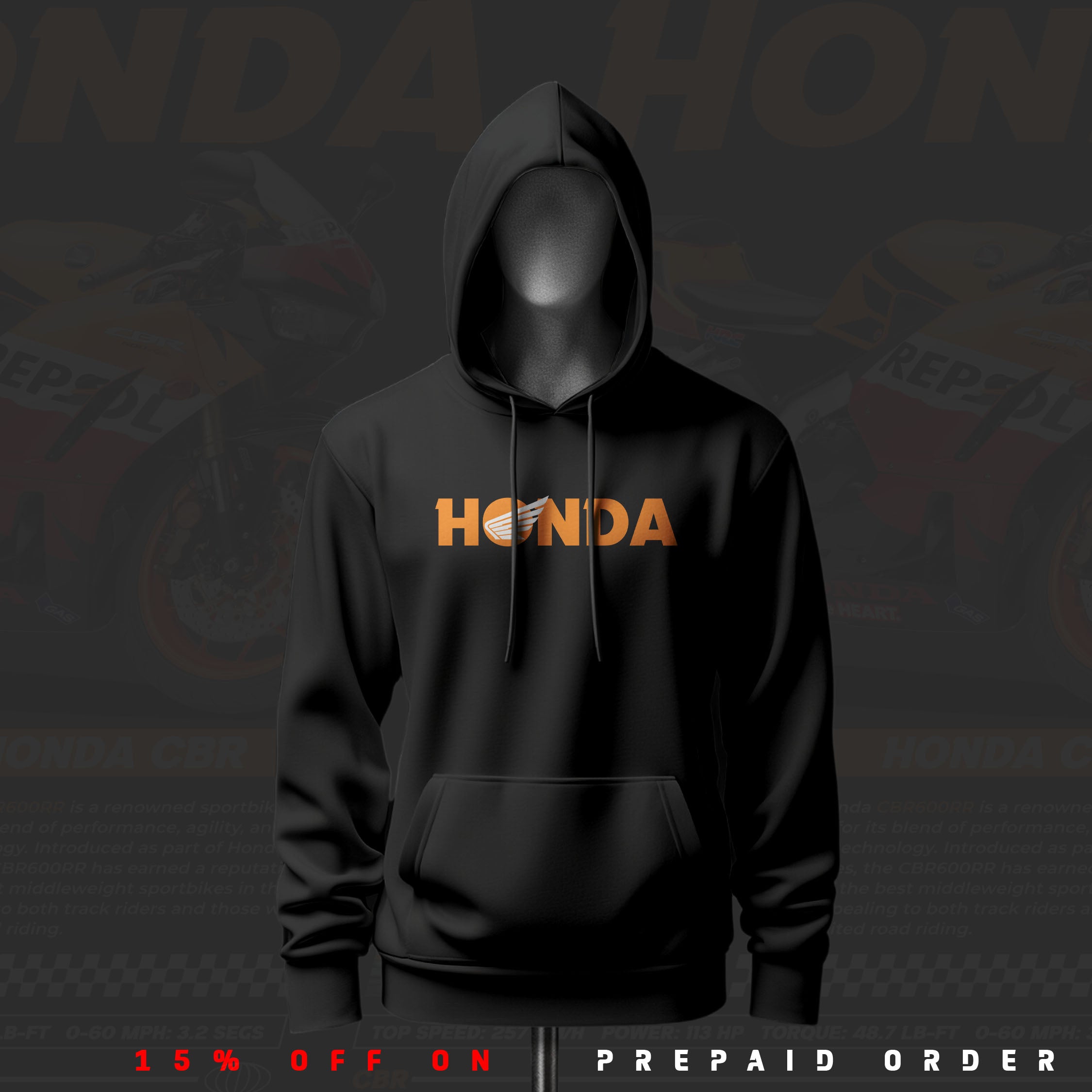 CBR 600RR ART Inspired Black Drop Shoulder Hoodie