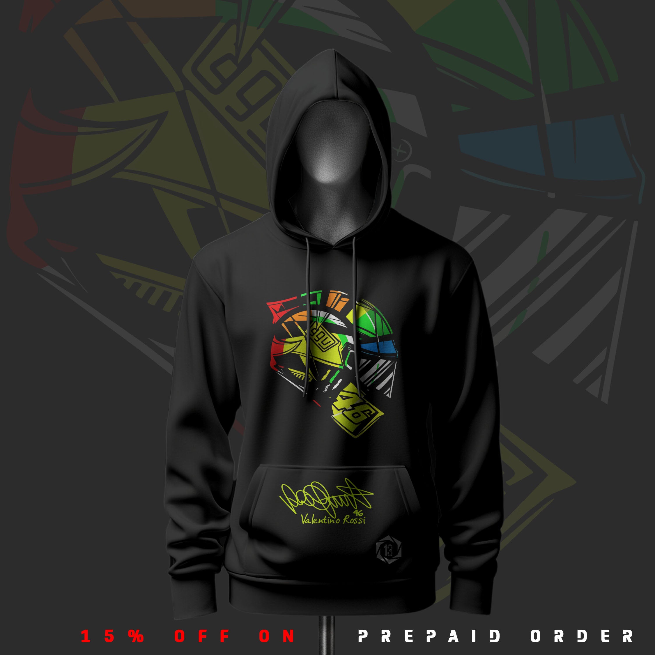 Valentino Rossi Helmet Art Inspired Black Drop Shoulder Hoodie
