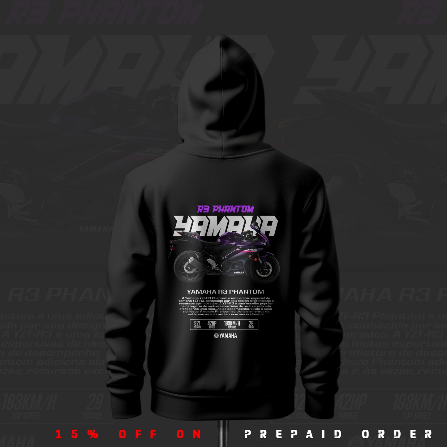 Yamaha R3 Phantom ART Inspired Black Drop Shoulder Hoodie