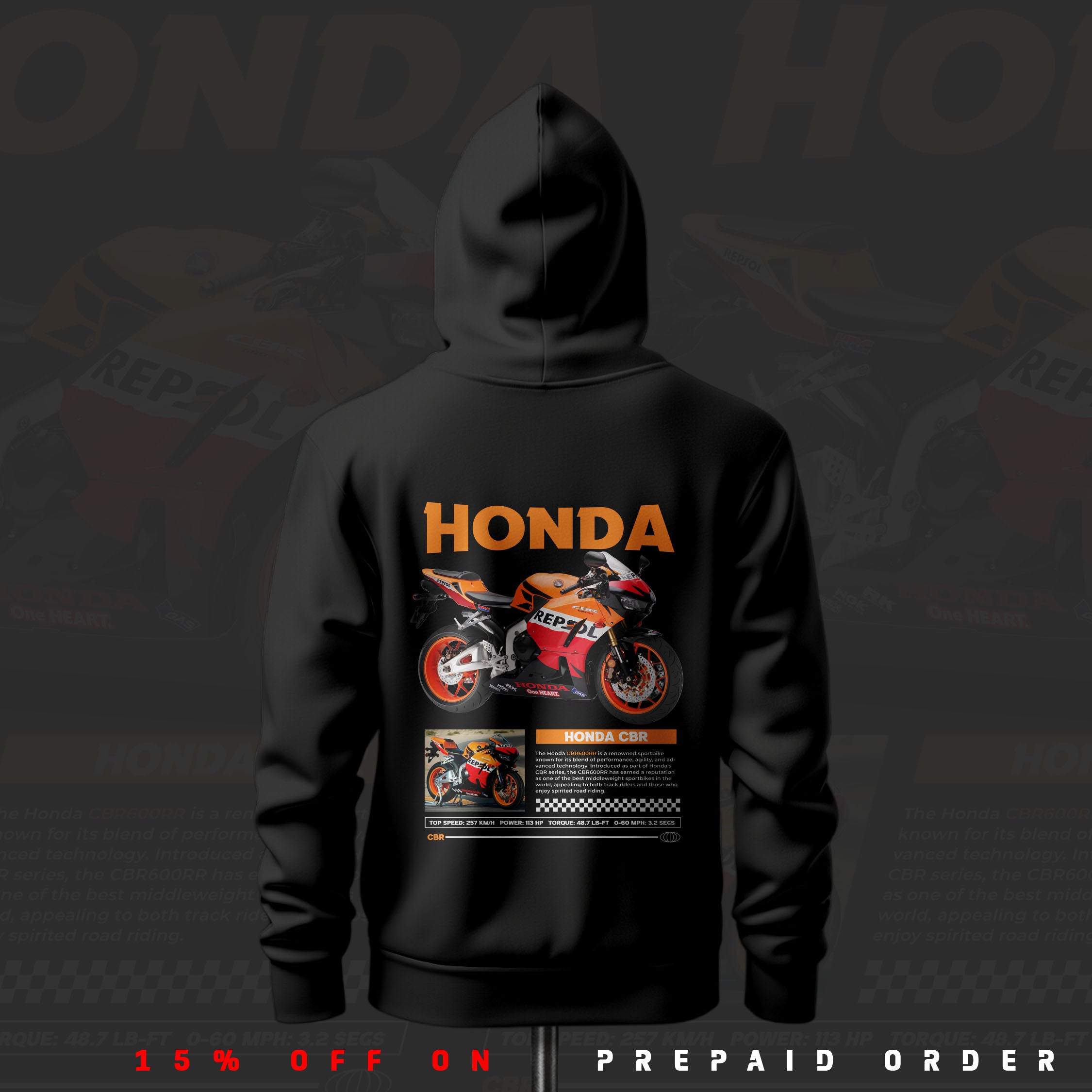 CBR 600RR ART Inspired Black Drop Shoulder Hoodie